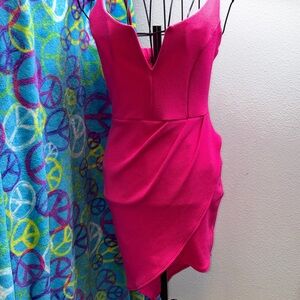 Fuchsia Deep V-Neck Sleeveless Mini Cocktail Dress w/ Spandex